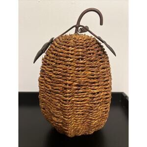 Vintage Large Metal Jute Rope Pumpkin with Metal Leaves & Stem Approx. 11”